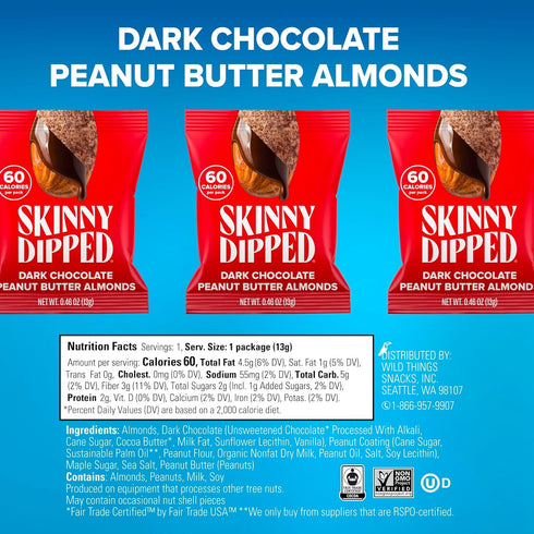 Pack, 0.46 oz Pack 25 SkinnyDipped Snack Attack Minis Almond Variety Healthy Snack, Plant Protein, Gluten Free, Mini