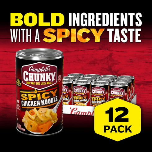 18.6 oz 12) Campbell's Chunky Soup, Spicy Chicken Noodle Soup, Can (Case