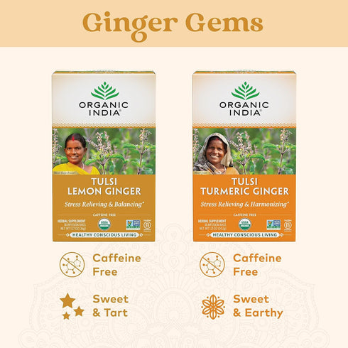 ORGANIC INDIA Tulsi Lemon Ginger Tea Bags - Herbal Tea, Stress Relieving, Immune Support, 18 Infusion Bags, 3 Pack