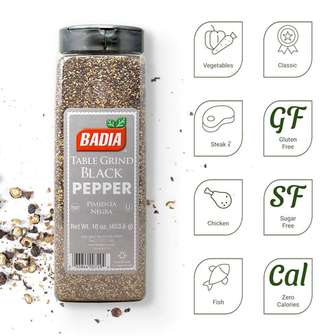 16 oz Badia Black Pepper Table Grind, - Premium Seasoning for Cooking & Freshly Ground Flavor