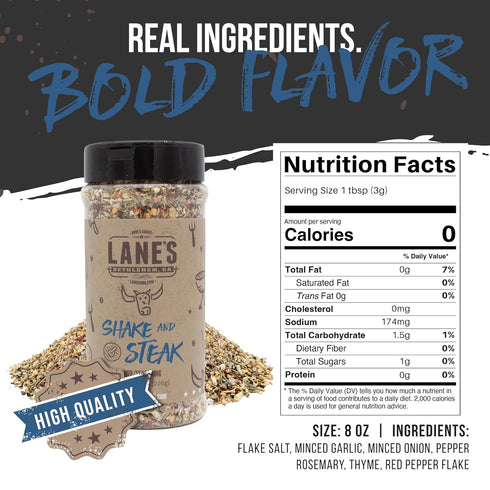 8 oz, Lane's BBQ Shake and Steak Rub, All Natural Steak Seasoning for Grilling, Meat Seasoning for Ribeye, Chicken