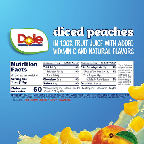 100% 4oz 24 Dole Fruit Bowls, Diced Peaches in Fruit Juice Snacks, Total Cups, Gluten & Dairy Free, Bulk Lunch Snacks