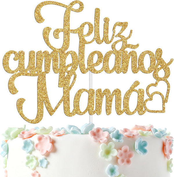 Ferastar Feliz Cumpleaños Mama Cake Topper, Best Mom Ever, Happy Mothers Day, Gold Glitter Birthday Decorations