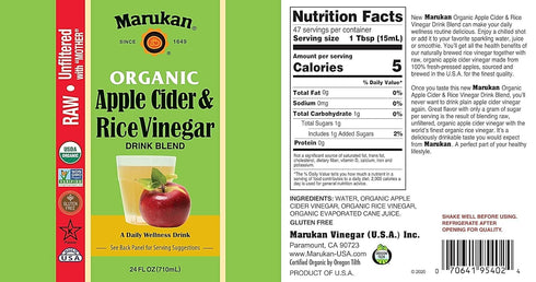 24 (Pack 1) Marukan Organic Apple Cider Vinegar & Rice Vinegar Drink Blend, Ounce Glass Bottle