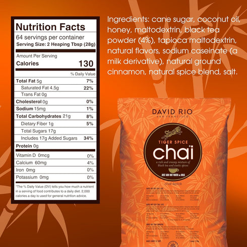 64 Oz, 64 Tiger Spice Chai Tea Latte Mix, Black Tea, Organic Spices, Dairy Free, Serve Hot or Cold, Just Add Water