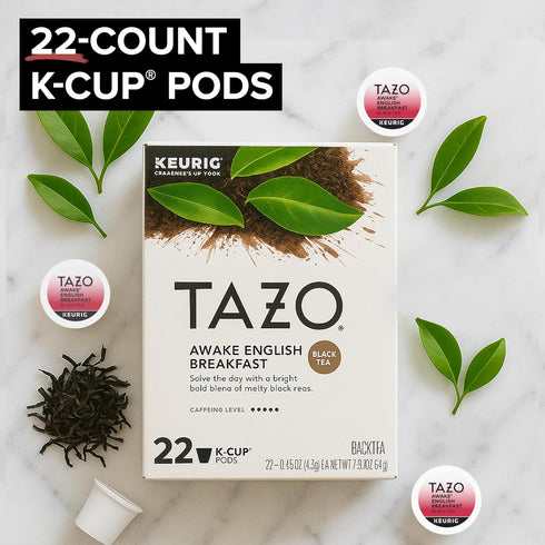 22 TAZO Awake English Breakfast Tea K-Cups, Bold Traditional Breakfast-Style Black Tea for Health and Wellness, Pods