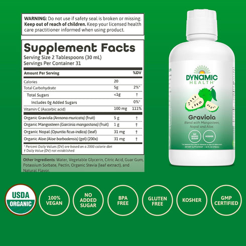 100% Immune 32 oz Dynamic Health Graviola Blend, Mangosteen, Nopal and Aloe, Organic, No Additives, System Support