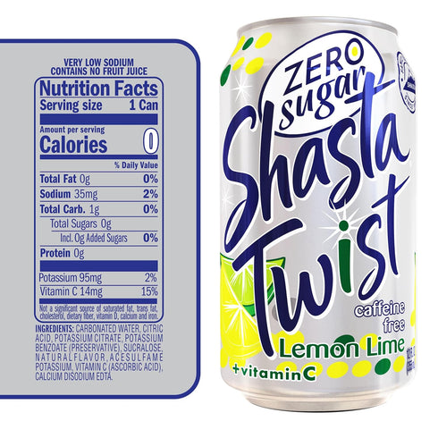 12-Pack 12oz Shasta Zero Sugar Twist | of Cans | Lemon-Lime Citrus Soda | Sugar-Free & Caffeine-Free | Crisp