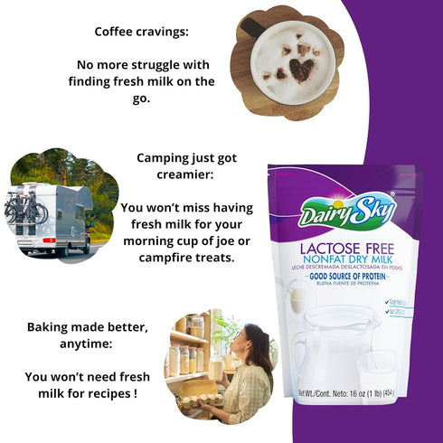 16 Oz 1 Pack DairySky Lactose Free Milk Powder - Non GMO Fat Free Powdered Milk for Baking & Coffee, Kosher