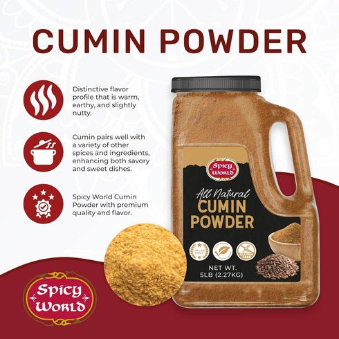 Spicy World 5 LB Cumin Powder Bulk Jar - All Natural, Gluten Free, Jeera Ground Cumin Seeds, Bulk Spice by