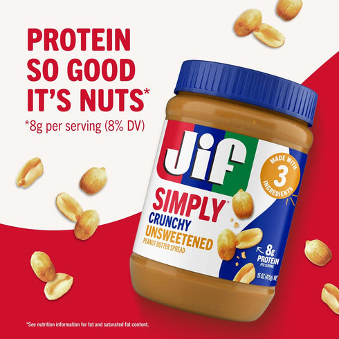 15-Ounce (Pack 12) Jif Simply Crunchy Peanut Butter Spread, Unsweetened, Jar