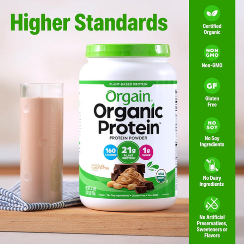 21g 6g 2.03 lb Orgain Organic Vegan Protein Powder, Chocolate Peanut Butter - Plant Protein, Prebiotic Fiber, Low Net