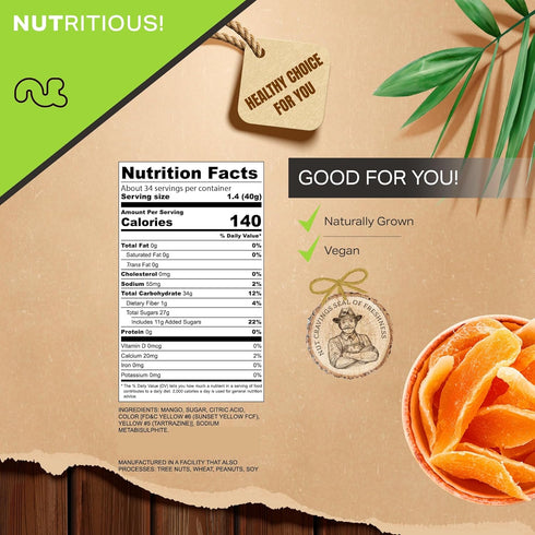 (48oz, 3 LB) NUT CRAVINGS - Dried Mango Slices, Lightly Sweetened Sweet Healthy Snack, Vegan, Kosher, Resealable Bag