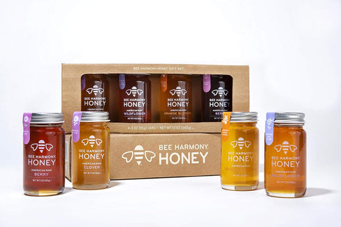 Set, 4 3 OZ Bee Harmony Classic Honey Flight, Mini Honey Gift Jars, Each, Premium, Raw, Made in the USA