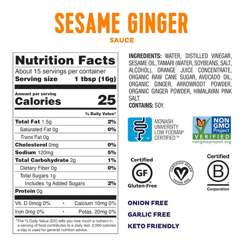 Fody Foods Vegan Sesame Ginger Sauce Marinade, 8.5 Ounce, Low Fodmap Certified, Gut Friendly