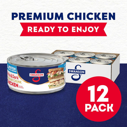 9.75 OZ 12) Swanson White and Dark Premium Chunk Canned Chicken Breast in Water, Can (Case