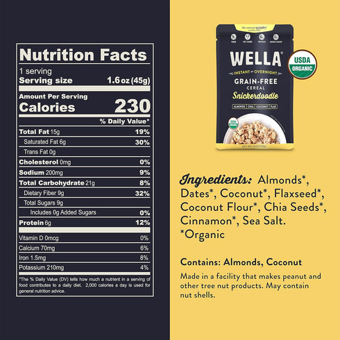 Packets, (5 Count, 1.6 oz. Packets) Wella Cereal Oatmeal Alternative, Gluten-Free Breakfast Hot Cereal, Grain-Free