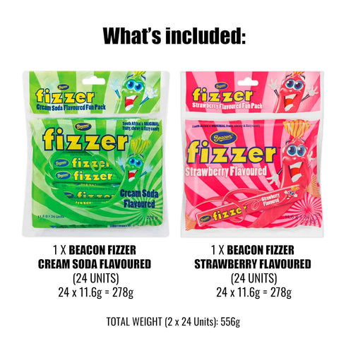 48 (2 Packs) Beacon Fizzers Soda Cream and Strawberry Flavour Units - Authentic South African Candy Lollies