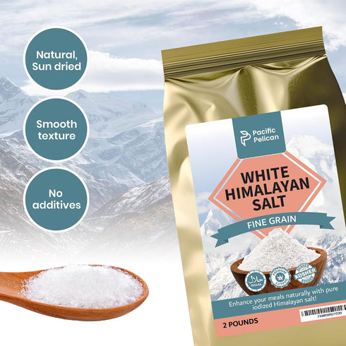 2 100% Pacific Pelican Iodized White Himalayan Salt | Fine Grain, Unrefined, Pure Rock Salt | Pounds | Natural