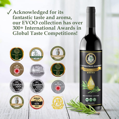 500mg/Kg 12.7 Oz M.G. PAPPAS Rosemary Infused Olive Oil - High Polyphenol Rich Extra Virgin Olive Oil Unfiltered - Over