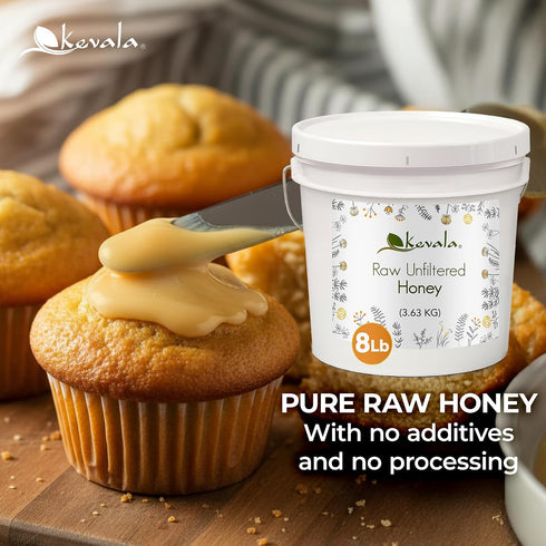 8 lb Kevala Raw Unfiltered Honey - Unprocessed Liquid Sweetener Harvested Without Pesticides, Bee-Friendly Harvesting