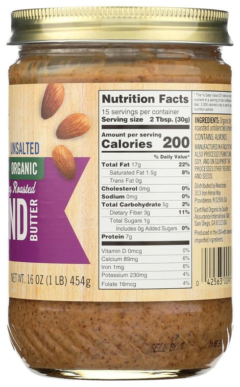 16 oz Woodstock Smooth Organic Lightly Toasted Almond Butter, Unsalted
