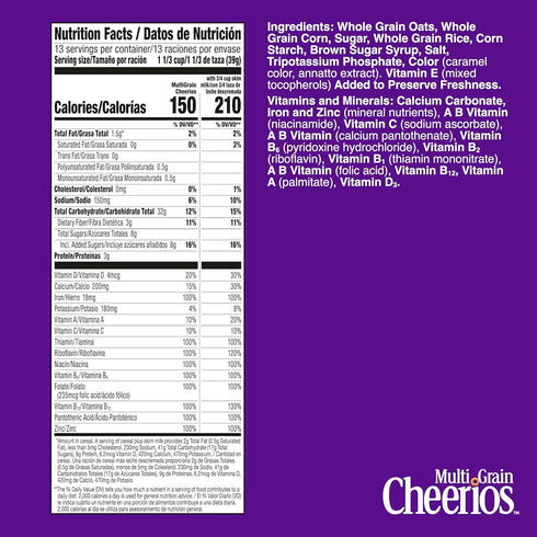 18 oz Multi Grain Cheerios, Heart Healthy Breakfast Cereal, Gluten Free, Family Size