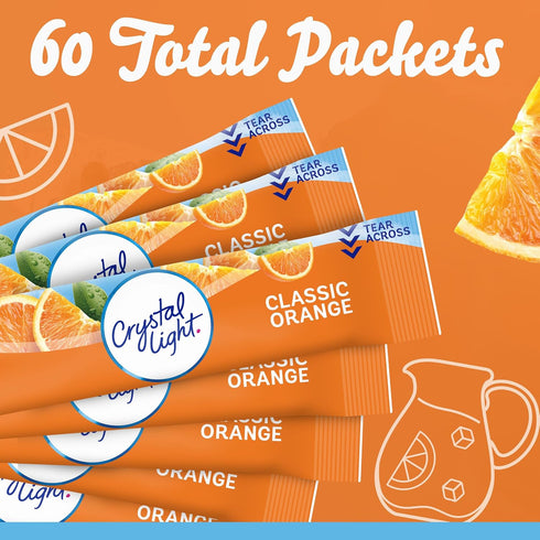 60 Pack, 12 5 Packets Crystal Light Classic Orange Naturally Flavored Powdered Drink Mix, ct Canisters of Pitcher