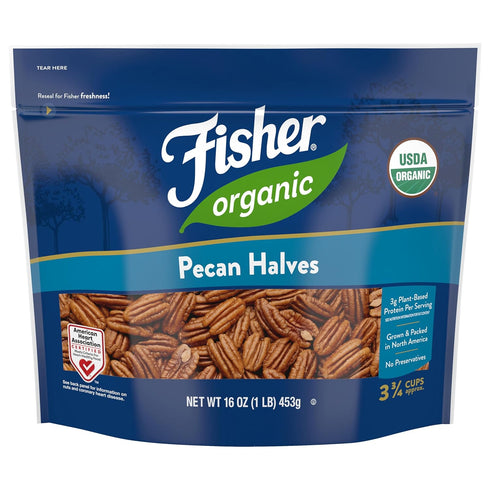 Fisher Organic Pecans Halves 16 oz, USDA Certified Organic, Unsalted Raw Pecans,