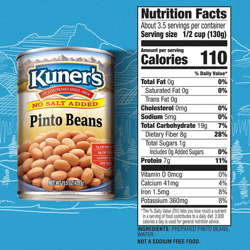 12 Pack 15.5 oz Kuners No Salt Added Canned Pinto Beans, Plant Protein and Fiber, Gluten Free, Vegan, Fat Free, of Cans