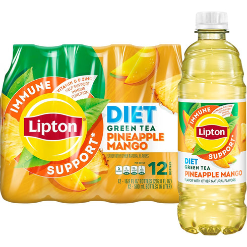 Lipton Immune Support Zero Sugar Iced Tea, Green Tea Pineapple Mango, 16.9