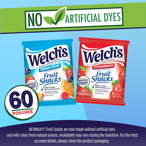 0.8oz Packs (Pack 60) Welch's Fruit Snacks, Mixed Fruit & Strawberry Snack Box, Gluten Free, Snack