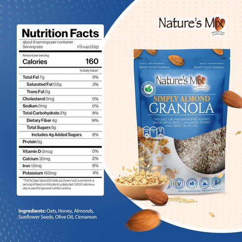Nature's Mix - Simply Almond Granola - Almonds, Sunflower Seeds, Cinnamon - Sweetened with Honey - No Added Sugar