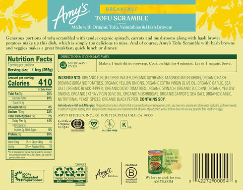 Frozen 9 oz. Amy's Tofu Scramble, Non-GMO, Gluten Free