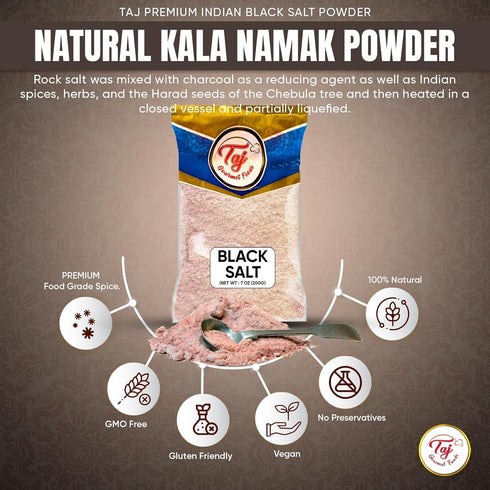 TAJ Gourmet Foods 7-Ounce (200g) TAJ Black Salt Powder | Kala Namak | Vegan & Gluten Friendly, GMO Free
