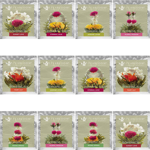 Set 12-Pack, 36 250 Teabloom Jasmine Flowering Tea Hand Tied Green Tea Leaves + Jasmine Blossoms Flowering Tea