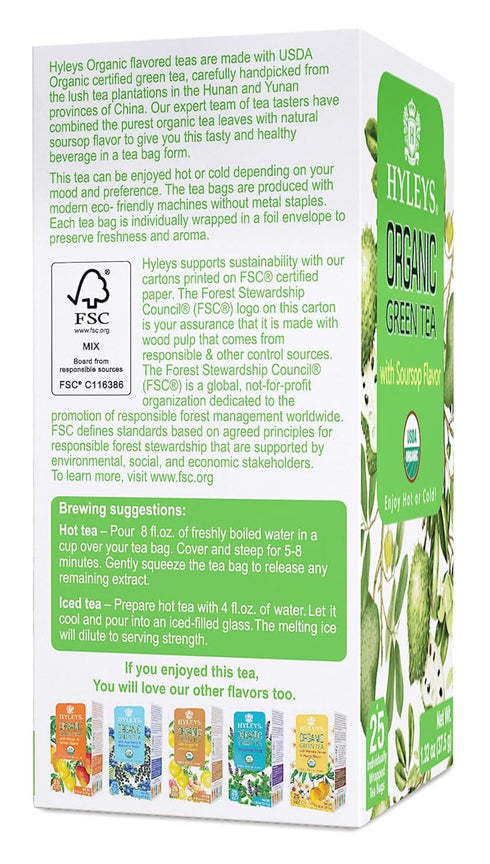 Hyleys Organic Green Tea Soursop Flavor, 25 Tea Bags, Graviola Guanabana Tea