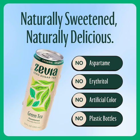 12 oz (12-Pack) Zevia Zero Sugar Tea, Green Tea, Cans Naturally Sweetened, Zero Calorie Sugar Free - Non-GMO Project