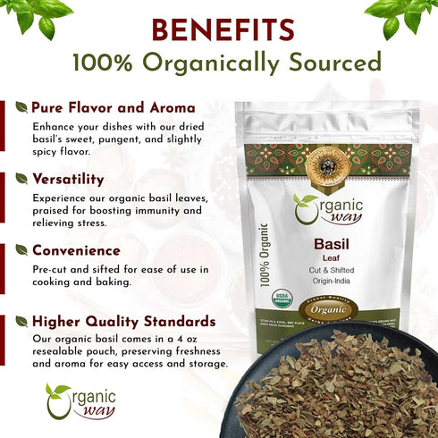 100% (8 Oz) Organic Way Basil Leaf Cut and Sifted | Non GMO, Kosher, USDA Certified Organic Basil Leaves | Dried