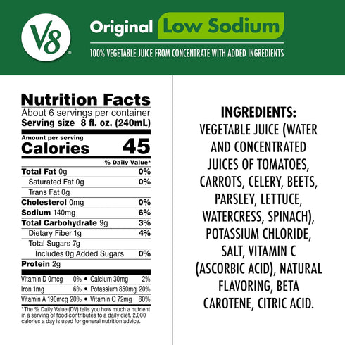 V8 100% 46 oz 6) Low Sodium Original Vegetable Juice, fl Bottle (Case