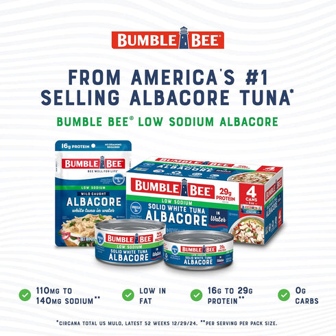 Albacore 12 oz (Pack 12) 22g Omega-3s Bumble Bee Low Sodium Solid White Tuna in Water, Can of - Wild Caught Tuna