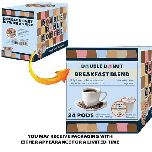 Double Donut Breakfast Blend Fresh Medium Roast Coffee, Single Serve Pods for Keurig K Cup Brewer, 24 Capsules