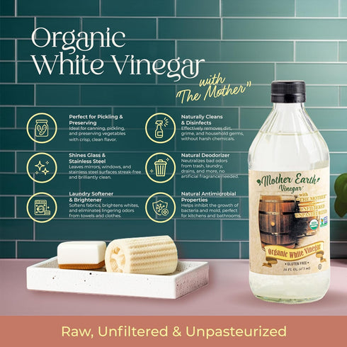 16 Oz (Pack 1)) Mother Earth, Organic Vinegar with The Mother, Raw, Unpasteurized, Unfiltered - White Vinegar, Apple