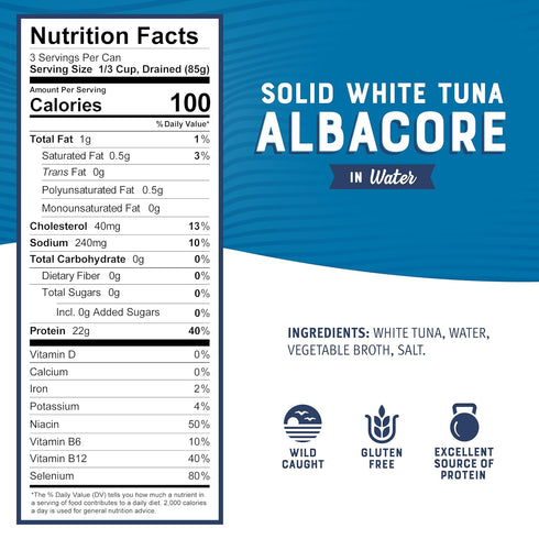 Albacore 12 oz (Pack 12) 22g Omega-3s Bumble Bee Solid White Tuna in Water, Can of - Wild Caught Tuna - Protein per
