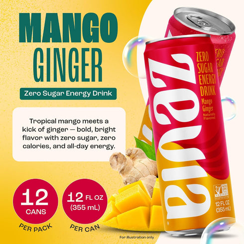12 oz (12-Pack) Zevia Zero Sugar Energy Drink, Mango Ginger, Cans Naturally Sweetened, Zero Calorie Sugar Free Energy