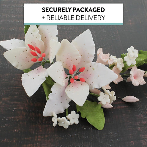 1 Count Global Sugar Art Double Rubrum Lily Sugar Cake Flowers Cake Topper Spray, White with Pink, by Chef Alan