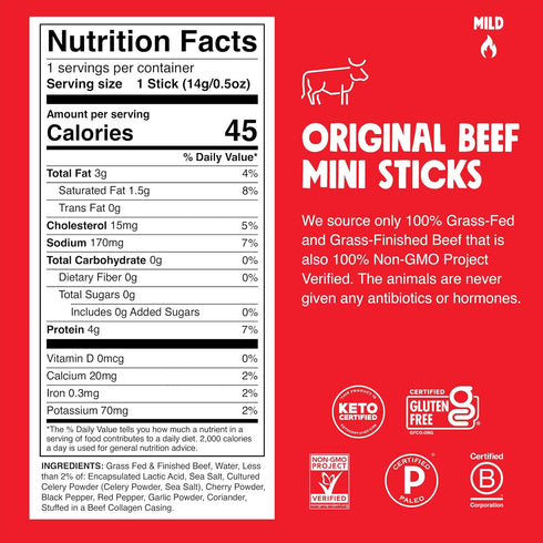 0.5oz 24-Pack Whole30, 4g Chomps Snack Size Grass-Fed Original Beef Jerky Snack Sticks - Keto, Paleo, Lean Meat