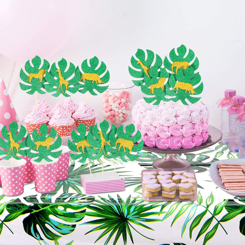 36 Pieces Jungle Style Animal Cupcake Toppers, Gold Glitter Palm Leaves Cake Decorations for Parties
