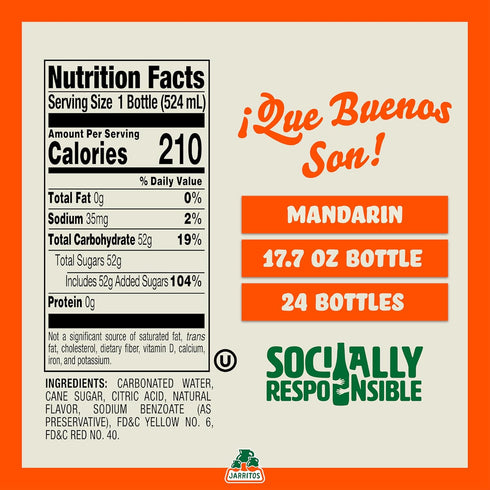 (17.7 oz, 524ml) 24 0g Jarritos - Mexican Soda Soft Drinks, Mandarin Bottles - Made with Real Cane Sugar - Fat - Made