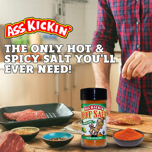 ASS KICKIN' Hot & Chile Lime Salt – 3.2oz Shaker Jar - Perfect Flavored Salt for Popcorn, Margarita, and French Fry